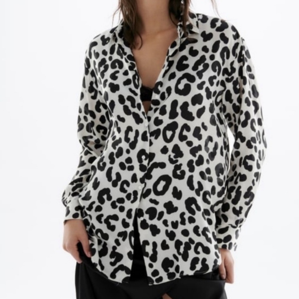 ZARA XS Black/White Leopard Print Button Up Satin Effect Shirt Blouse